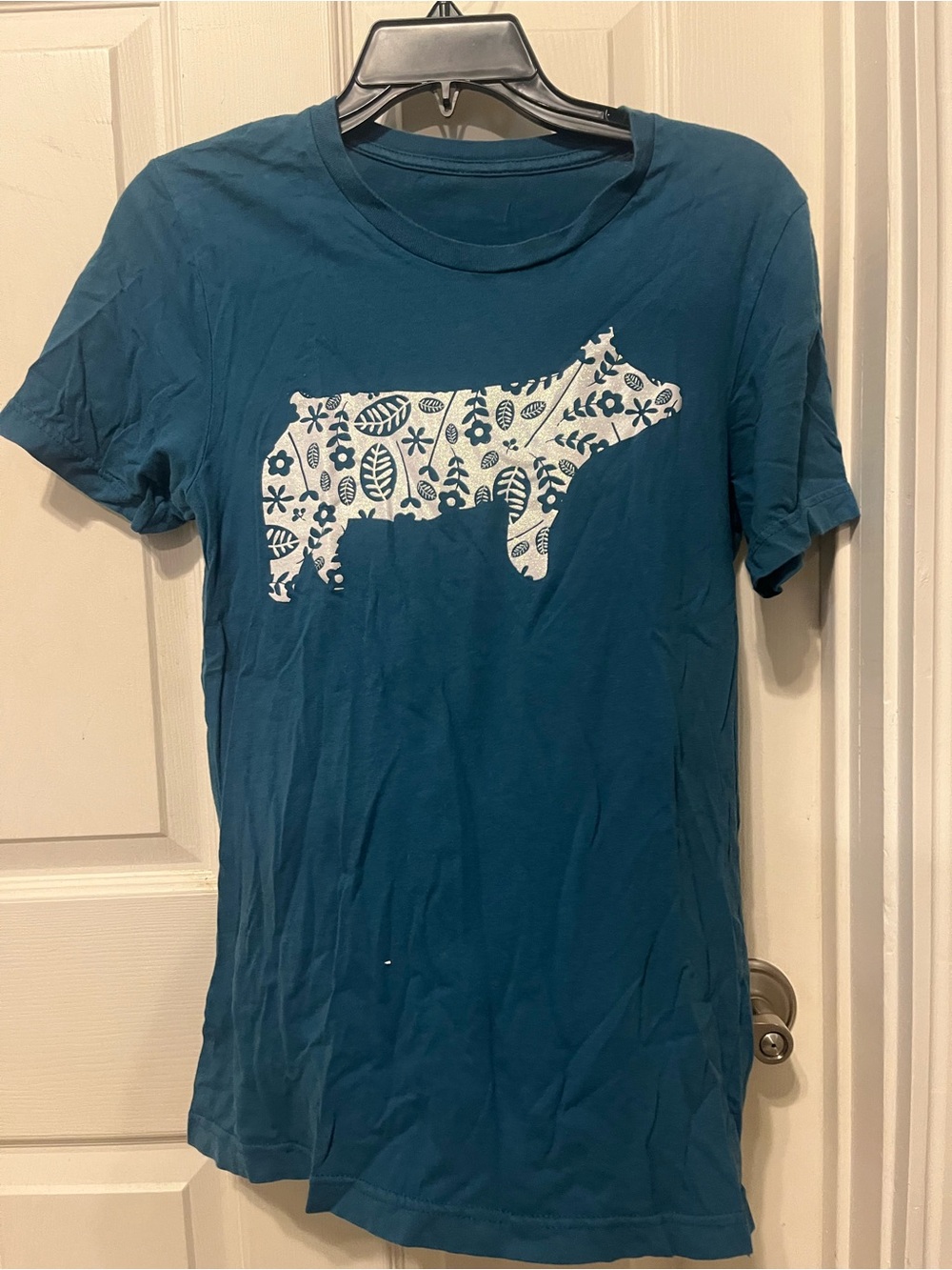 Teal Graphic Cow Tee with White Floral Print